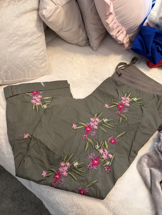 INC International Concepts Pants - INC International Concepts Olive Green Capris with Pink Floral Embroidery